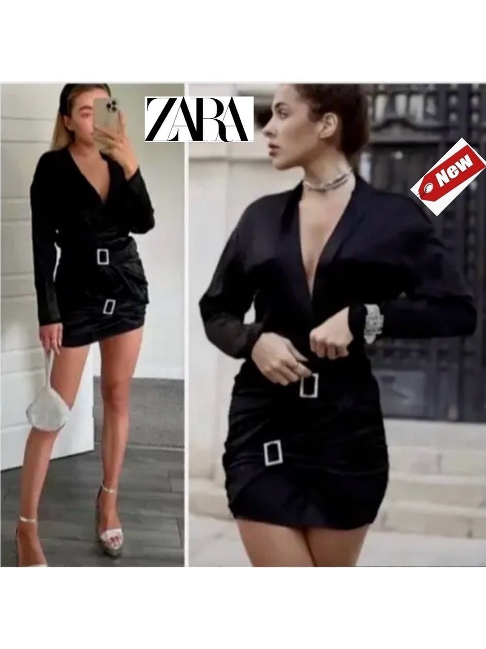 Zara Black satin effect long sleeve V neck crystal rhinestone buckle dress NWT